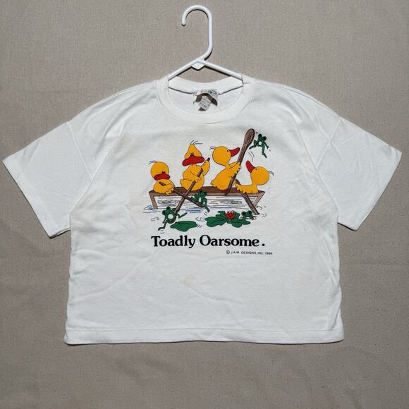 Vintage Toadly Oarsome Cropped T-Shirt White Single Stitch 1986 Size M Ducks - Picture 1 of 7